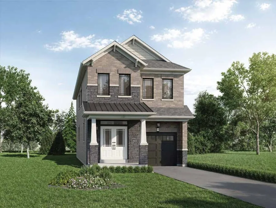 Elevation rendering of the Belfountain model, a 27' detached homes at Wellwood