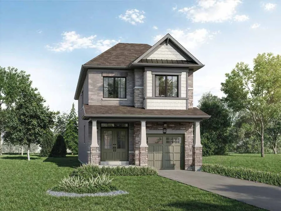 Elevation rendering of the Belwood model, a 27' detached homes at Wellwood