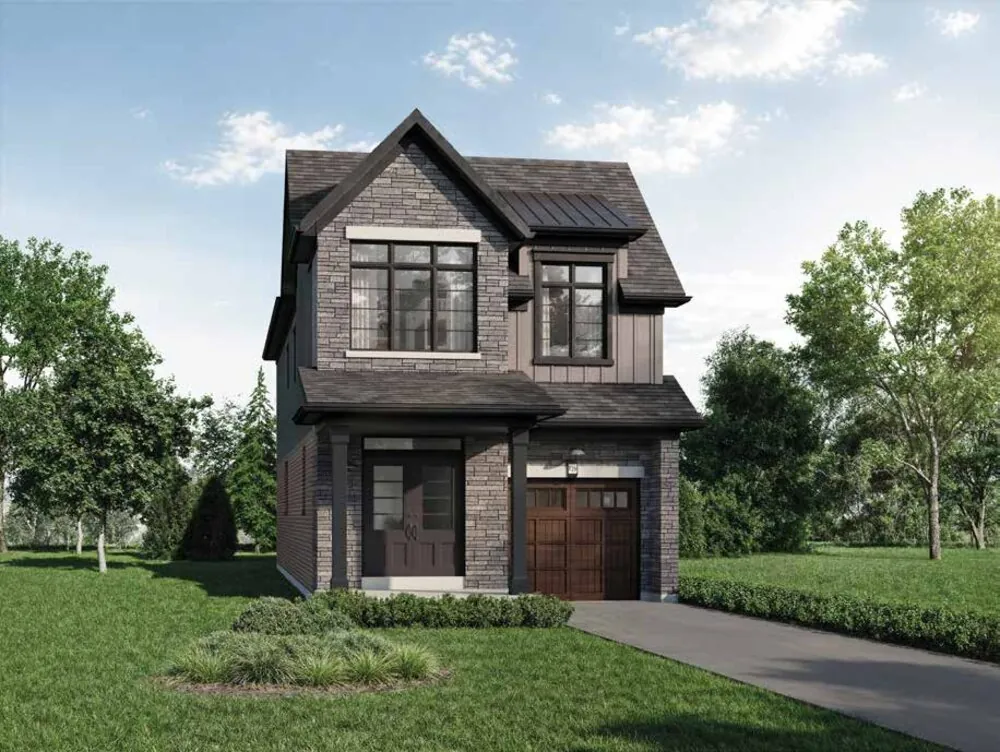 Rendering of a 27-foot detached home at Wellwood in the Heritage style with stone and dark siding
