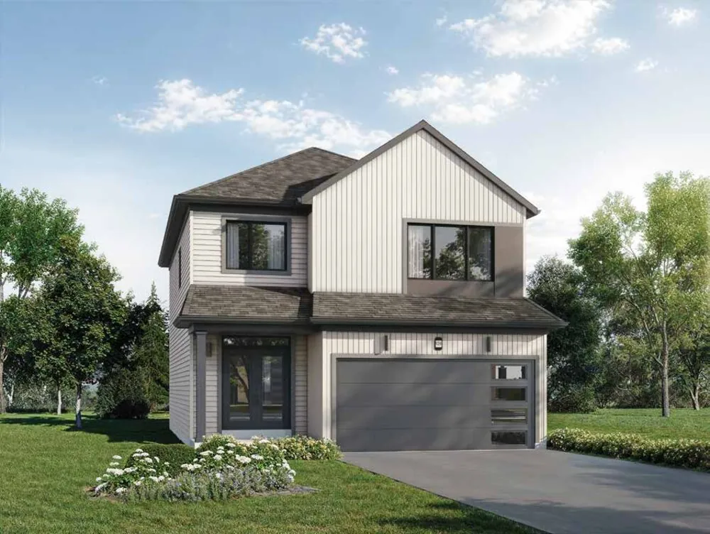 Rendering of a 34-foot detached home at Wellwood in the Farmhouse style with board and batten siding and double garage