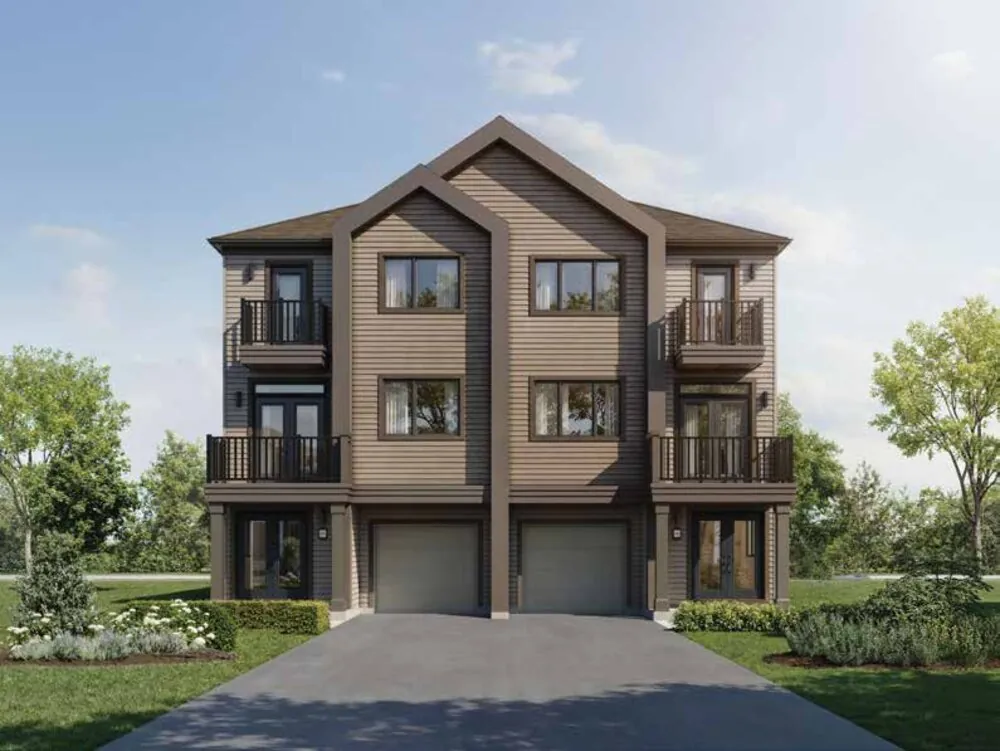 Rendering of a three-storey Village Town at Wellwood with wood-clad exterior, balconies and integrated garage