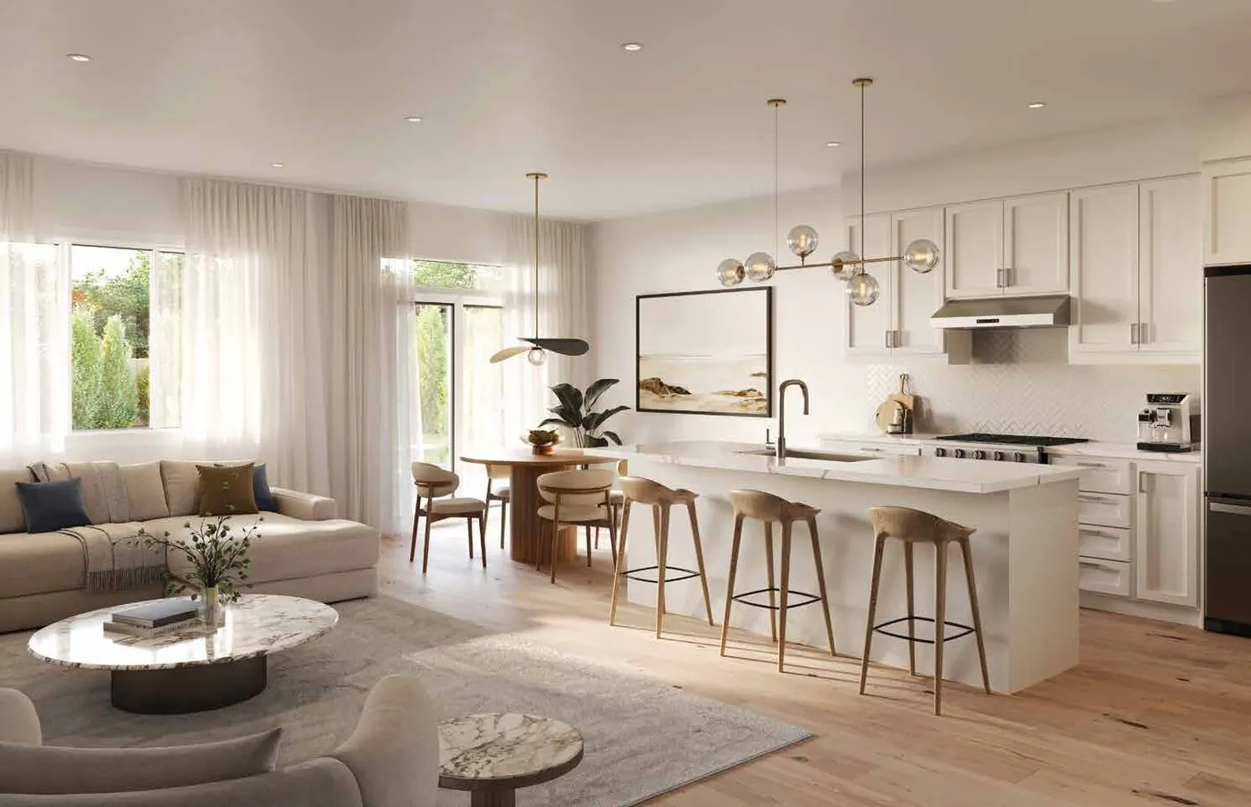Great room with sofa and adjoining white kitchen at Wellwood