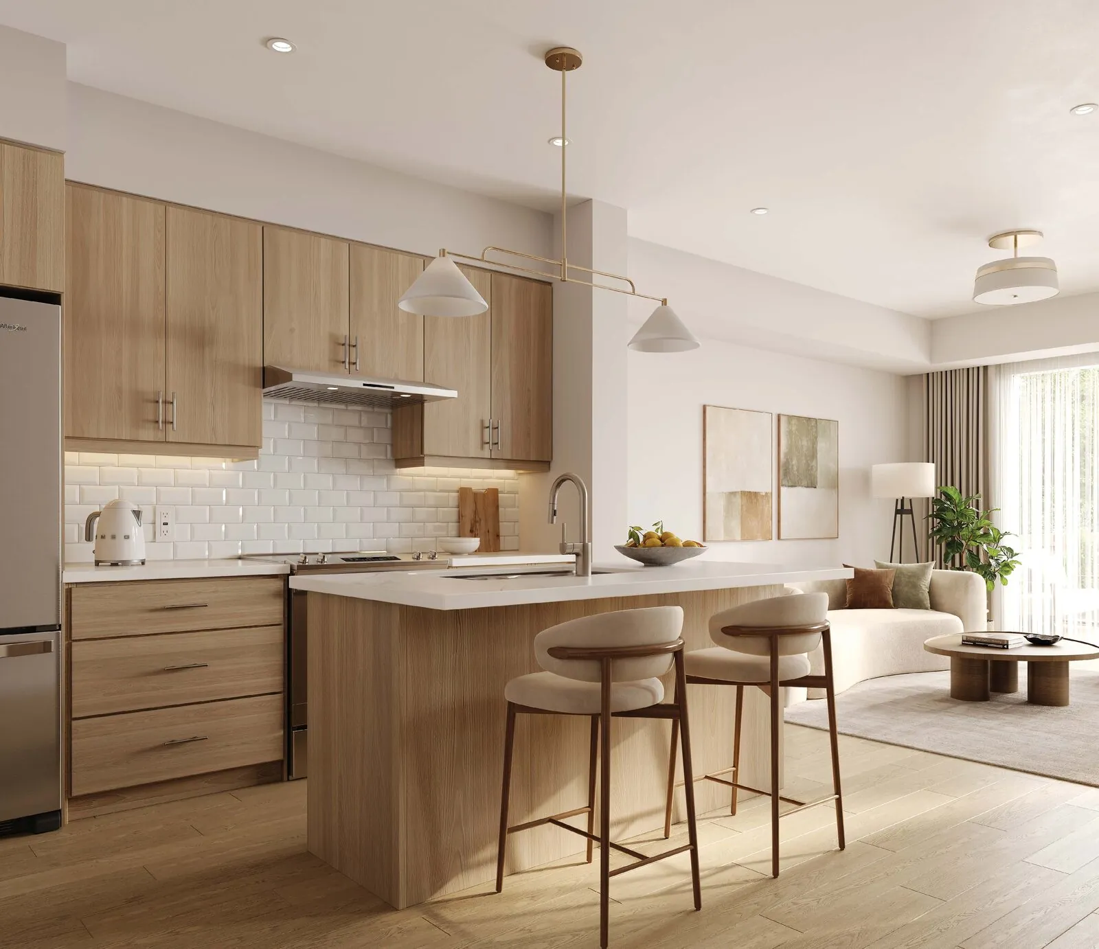 Townhome kitchen with warm wood cabinetry and island seating at Wellwood