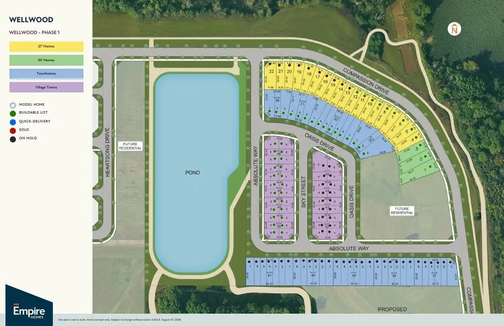 Wellwood Phase 1 site plan showing 27 foot homes, 34 foot homes, townhomes and Village Towns arranged around a central pond
